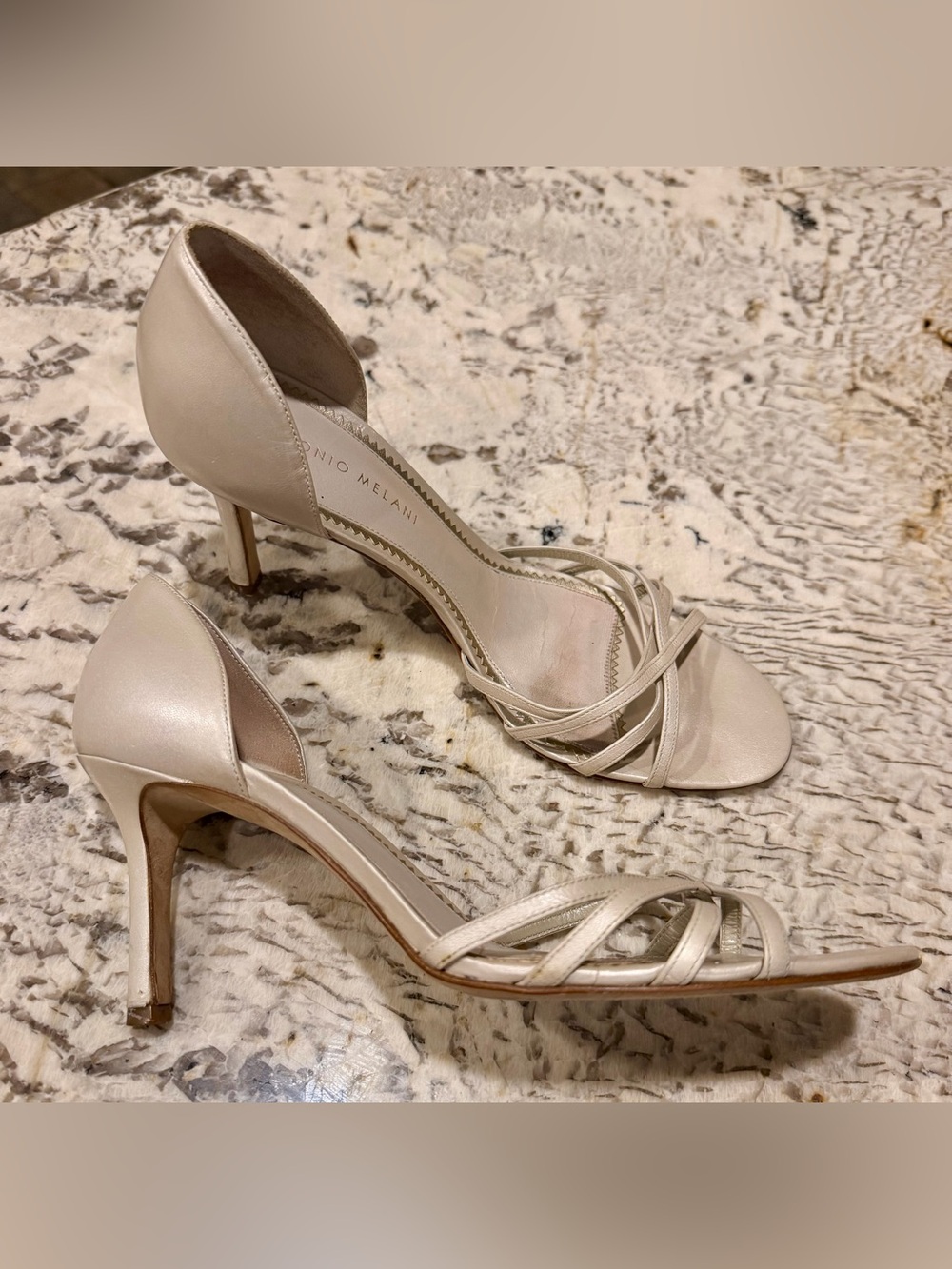 ANTONIO MELANI Pearl Cream Open-Toe Strappy Heels